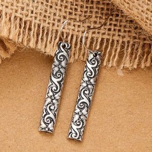 Minimalist drop rectangle earrings silver floral zinc embossed alloy